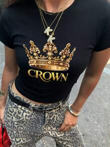 Áo thun nữ cổ tròn tay ngắn, kiểu dáng mùa hè mới với họa tiết vương miện và chữ in, áo crop top ôm dáng thời trang, phù hợp mặc hàng ngày, màu đen casual. - màu đen - Xem 7