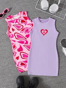 2pcs/Set Girls' Heart Print Sleeveless Ribbed Casual Dress, Outdoor Wear - Purple - View 2