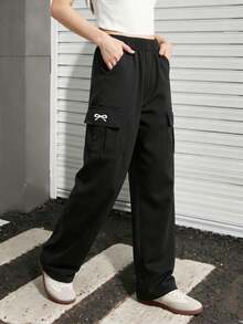 1pc Tween Girls Casual Butterfly Print Loose Cargo Pants With Big Pockets, Comfortable & Versatile - Black - View 7