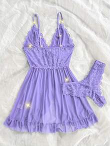 Women's Solid Color Lace Camisole Nightgown Paired With Matching Lace Shorts, V-Neck Design, Bow Decoration, Delicate Lace Patterns, Ruffled Hem, Christmas And Valentine's Day Clothing - The Ideal Gift For Her - Light Purple - 查看 2