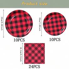 红黑格子一次性餐具套装，7/9英寸派对餐盘，一次性纸盘、纸杯、餐巾纸，适用于节日、婚礼、订婚、生日、派对、庆典等场合。 - 多色 - 查看 9