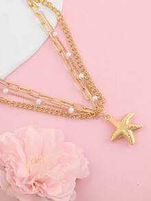 1pc Creative Fashion Multi-Layer Chain Pearl Chain Starfish Pendant Anklet, Suitable For Beach Resort Wear - Multicolor - View 2