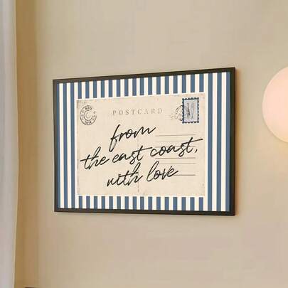 1 pieza Cartel de lienzo con cita "East Coast With Love" enmarcado/sin enmarcar, con rayas azules vintage estilo postal costera, arte de pared para decoración de casa de playa de verano, pintura minimalista para apartamento, sala de estar, dormitorio, decoración del hogar moderna