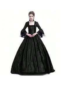Medieval Dress With Spliced Bell Sleeves, Retro Court Style - 酒紅色 - 查看 7