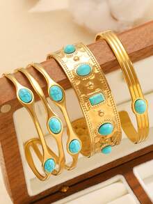 3pcs Vintage Luxury Wide Bangle Set Inlaid With Rhinestones & Faux Turquoise, Suitable For Women's Daily & Holiday Wear - Yellow Gold - View 4