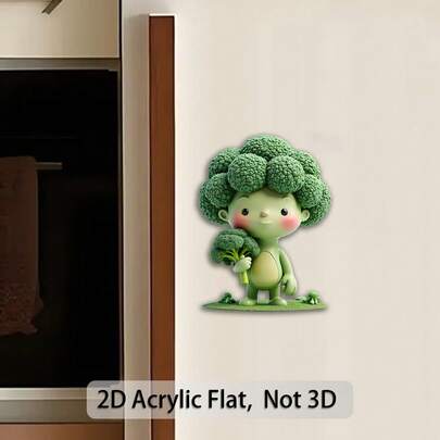 1个可爱西兰花冰箱贴 - 动漫蔬菜角色，脸红，亚克力材质，适合素食装饰，可贴于冰箱和厨房（活泼的拟人化蔬菜）