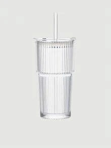 1pc 20oz Striped Glass Cup With Lid And Glass Straw - Vintage Iced Coffee Cup, Reusable Smoothie And Cocktail Drinking Cup, Clear Glassware For Home Or Cafe Use - Multicolor - View 9