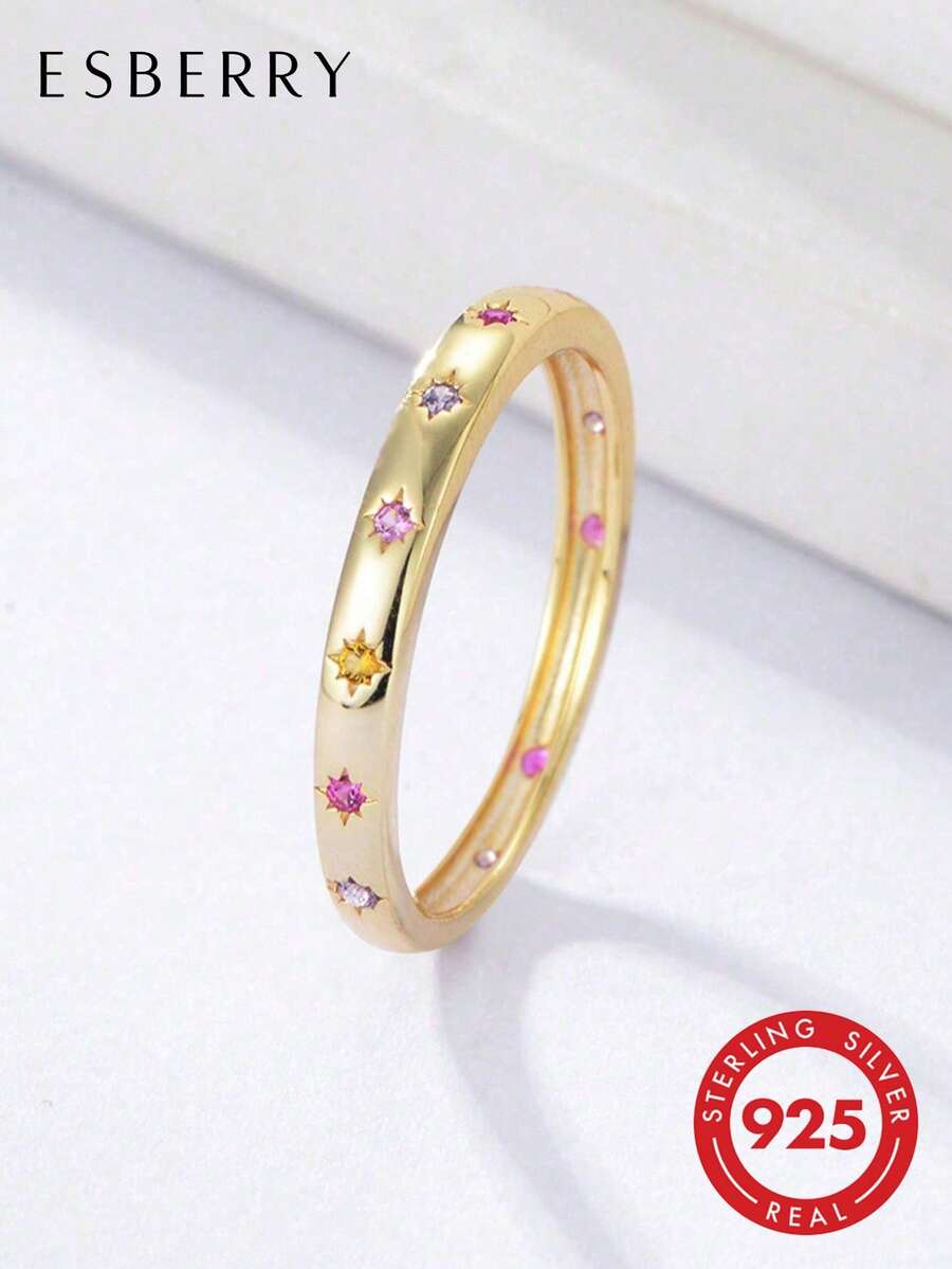 ESBERRY 1pc S925 Sterling Silver Mansur Ring, Exquisite Jewelry, Gift For Women - Gold - View 1