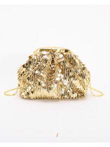 Amorya Women's Shiny Gold Sequin Clutch Bag, Tassel Decorated Evening Bag, Mini Chain Shoulder Bag Suitable For Wedding, Party, Gala - Gold - View 8