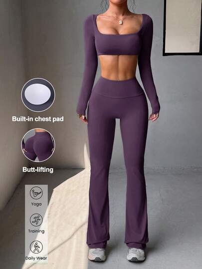 Conjunto deportivo casual de 2 piezas para mujer de Aoqta, con camiseta de manga larga y cuello cuadrado sexy y pantalones, adecuado para correr, fitness, yoga y otros deportes, primavera/verano