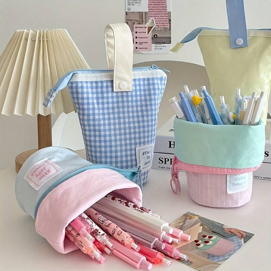 2026 Hot-Selling Macaron Color-Block Foldable Pencil Case - Stylish, Durable, Large-Capacity Portable Student Stationery Box, Suitable For Desktop Or Office Use. The Perfect Gift For Friends, Family, And Besties - 粉紅色網格 - 查看 1
