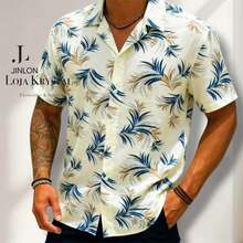 JL Men's Hawaiian Floral Beach Shirt, Short Sleeve, Button-Down, Spring And Summer - Floral 7-Amarelo - 查看 1