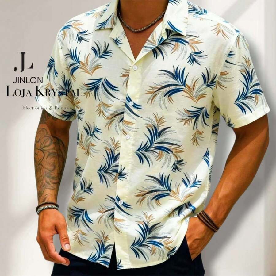 JL Men's Hawaiian Floral Beach Shirt, Short Sleeve, Button-Down, Spring And Summer - Floral 7-Amarelo - 查看 1