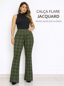 Women's Jacquard Flare Pants, High Waist, Shaping, Elegant, Unbranded, Premium - Dark Green - View 7