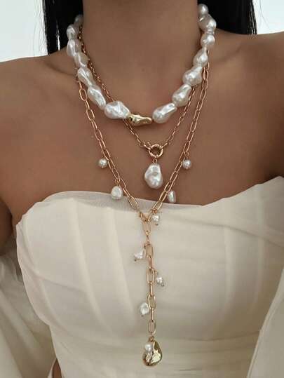 3pcs Exaggerated Irregular Pearl Long Tassel Layered Necklace, Suitable For Women's Daily, Travel, Party Wear, Great Gift For Friends