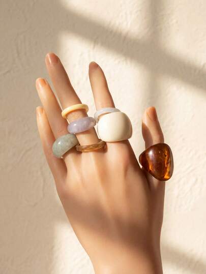 7pcs/Set Bohemian Vintage Colorful Resin Stacking Rings, Cream & Amber Color Rings, Asymmetrical Shaped Knuckle Rings For Women, Suitable For Daily Wear, Parties, Beaches, Mother's Day, Thanksgiving, Valentine's Day, Music Festivals, Birthdays