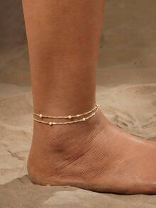 1pc Elegant Metallic Beaded Anklet, Suitable For Women, Perfect Accessory For Beach Vacation Or Wedding Party - Gold - View 2