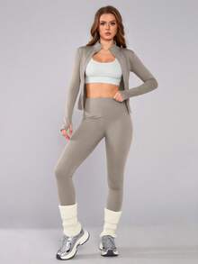 1 Set Women Elastic Zipper Casual Everyday Wear Stand Collar Design Waist Cinched Dance & Sports Outfit Spring - Khaki - View 6