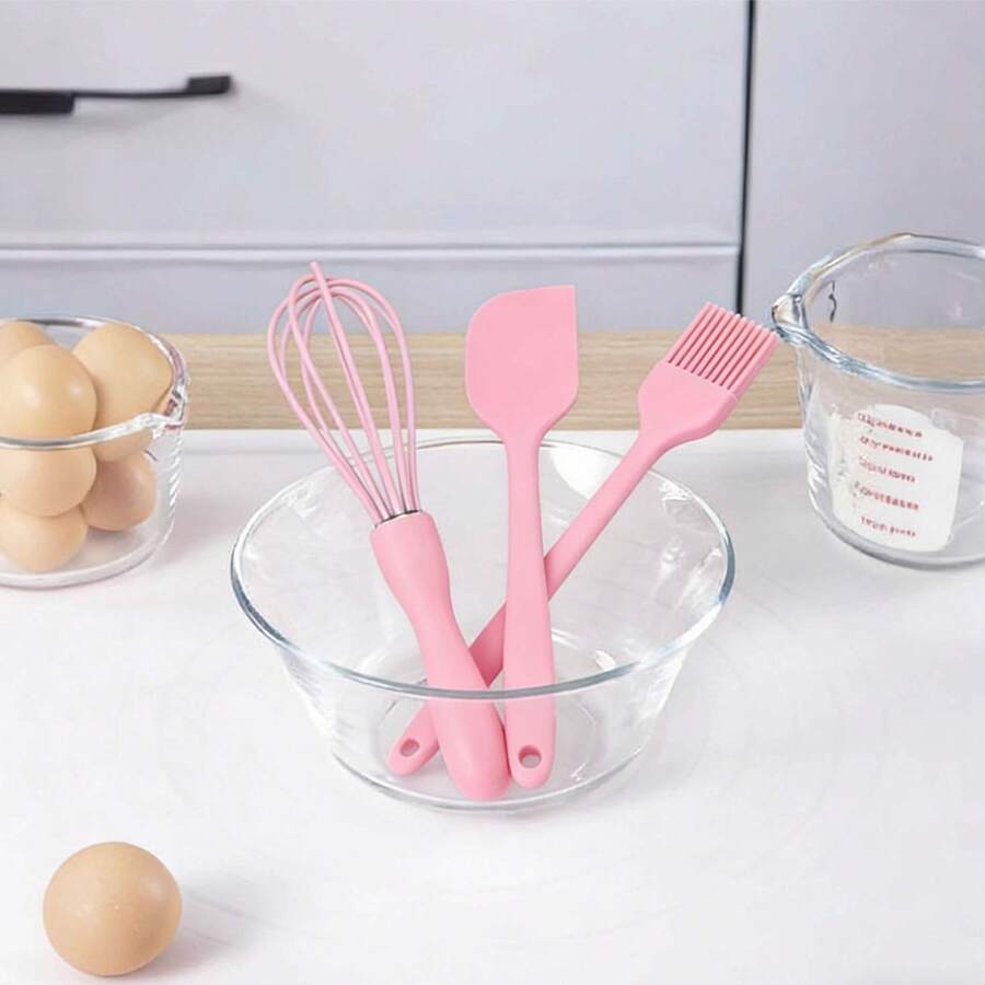 3件套耐热硅胶烘焙套装，包括刮刀、涂油刷、手动打蛋器，适合家庭烘焙 - 查看 1