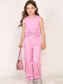 2pcs/Set Young Girl' Sweet & Chic Big Bow Sleeveless Top + Ribbon Bow Pants Set, Summer Outfit - Pink - View 1