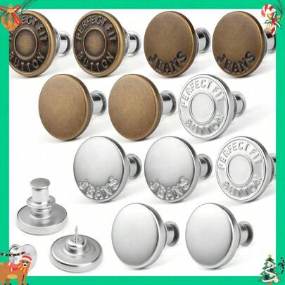 12 Pcs Jean Button Pins For Loose Jeans, No-Sew Nailess Removable Metal Jeans Buttons Replacement, Reusable And Adjustable Clothes Buttons