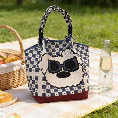 Checkered Knit Tote Bag With Fashion Glasses Dog Graphic, Large Capacity Commuter Shoulder Bag, Casual School/Shopping Handbag For Women