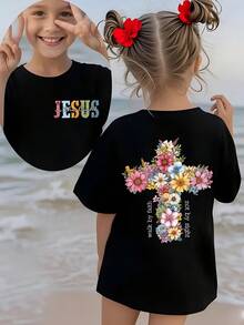 Baby Tees For Women[New Products Arrive With Great Power]Summer Fashion Short-Sleeve T-Shirt For Girls Featuring A Floral Cross Letter Design With Double-Sided Printing, A Versatile Casual Top NY-DX8691Unisex T-Shirts For Summer Outingsteen Girl Clothes - 黑色 - 查看 7