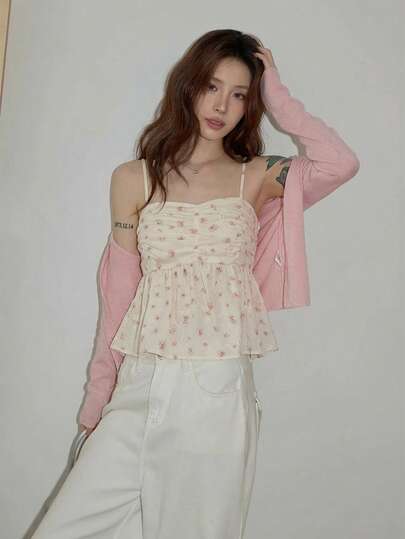 Elegant Floral Print Top, Spring/Summer Style, Spaghetti Strap Bra, Women's Camisole.