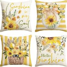 Bộ 4 món vỏ gối trang trí Hello Sunshine họa tiết giỏ hoa hướng dương, vỏ gối trang trí họa tiết lá bạch đàn Sunshine Is My Soul, bộ gối sofa họa tiết hoa. - Màu vàng - Xem 2