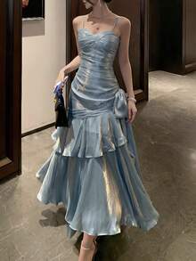 闪亮荷叶边下摆派对礼服，优雅炫彩吊带演唱会礼服，时尚伴娘正式生日毕业礼服，春夏婚纱 - 淺藍色 - 查看 3