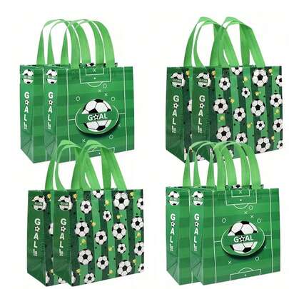 Bộ 6 túi quà tặng không dệt chủ đề bóng đá - Những chiếc túi quà đa năng này có tông màu xanh lá cây với hình minh họa quả bóng đá và cúp đen trắng theo phong cách hoạt hình. Chúng phù hợp cho nhiều dịp khác nhau như tiệc sinh nhật, các buổi tụ họp theo chủ đề bóng đá, kỷ niệm, lễ tốt nghiệp, các sự kiện theo chủ đề và tiệc độc thân.