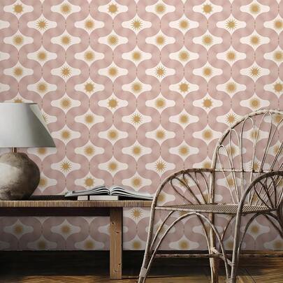 波西米色/黄色现代抽象艺术马赛克太阳几何图案自粘墙纸，复古风格，易撕贴，适用于床头柜、抽屉、橱柜等，适合租客使用。