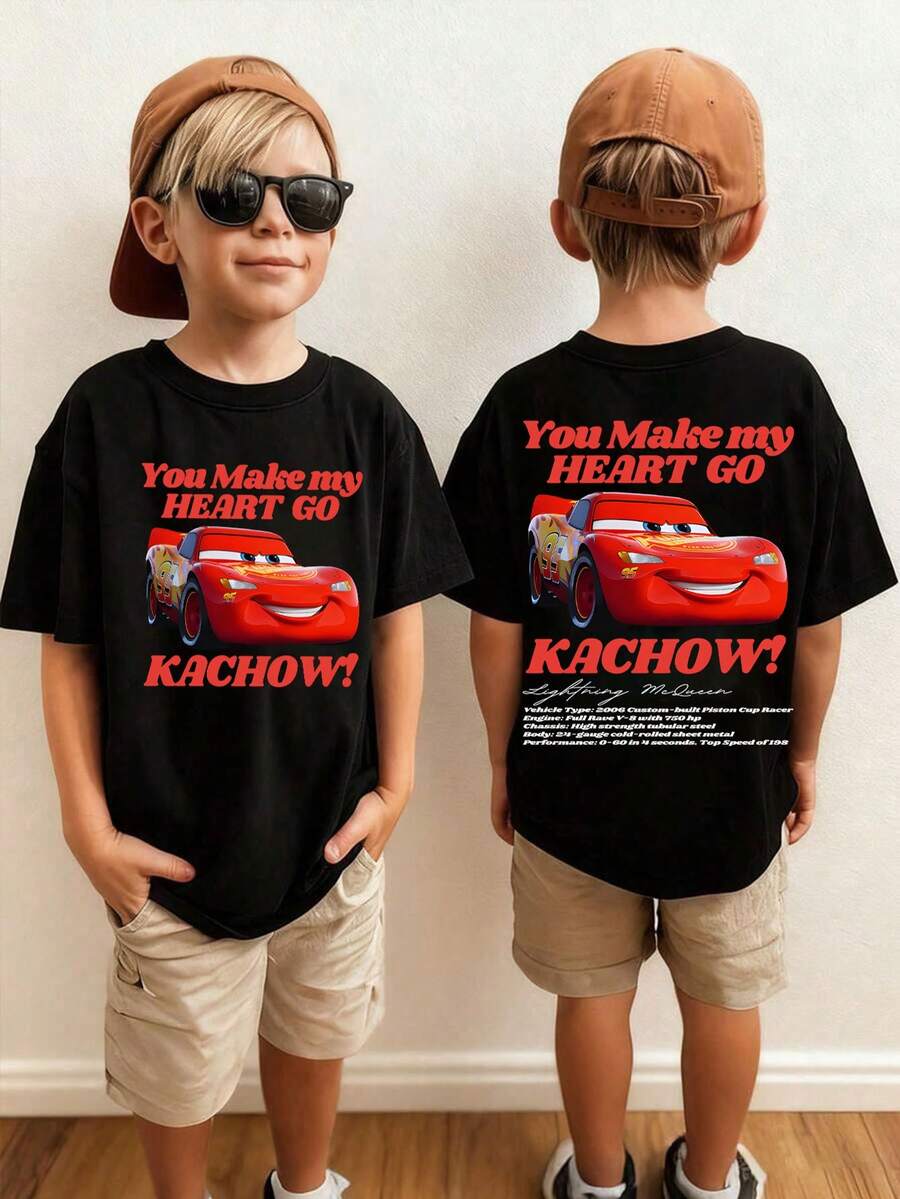 Disney's *Cars* "Lightning McQueen-No. 95" Graphic Summer T-Shirt-A Perfect Gift For Children, Suitable For Both Boys And Girls To Wear During Holiday Parties, Family Meals, Outdoor Activities, Travel, And Visits To Disney Parks. - 黑色 - 查看 1