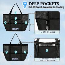 Bolsa de playa grande de malla con bolsillo con cremallera, esencial para viajes familiares, vacaciones y cruceros - Negro - Ver 5