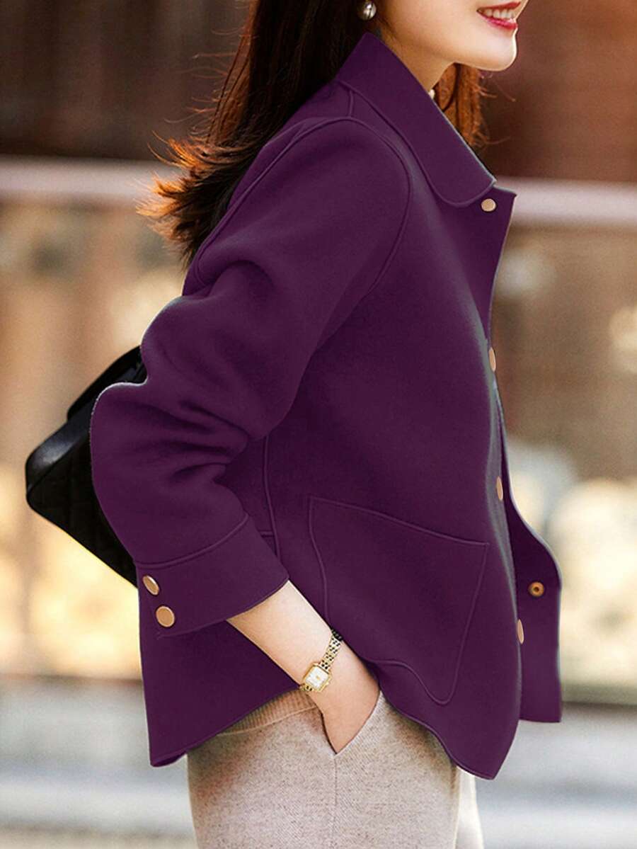 歐美風優雅秋冬女款長袖翻領開襟外套，法式休閒日常穿著，純色大衣