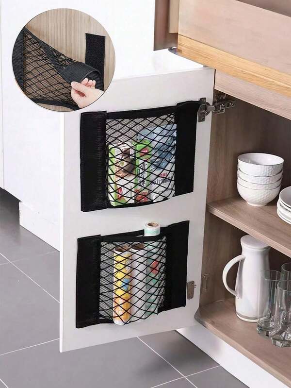 1pc Self-Adhesive Storage Bag, Garbage Bag, Plastic Bag Storage Net Bag, Wall-Mounted Cabinet Door Inner Self-Adhesive Net Bag, Self-Adhesive Shopping Bag Storage Bag, Fixed Storage Bag, Car Trunk Net Bag, No Drill Storage Net Bag, Organizing Storage Bag