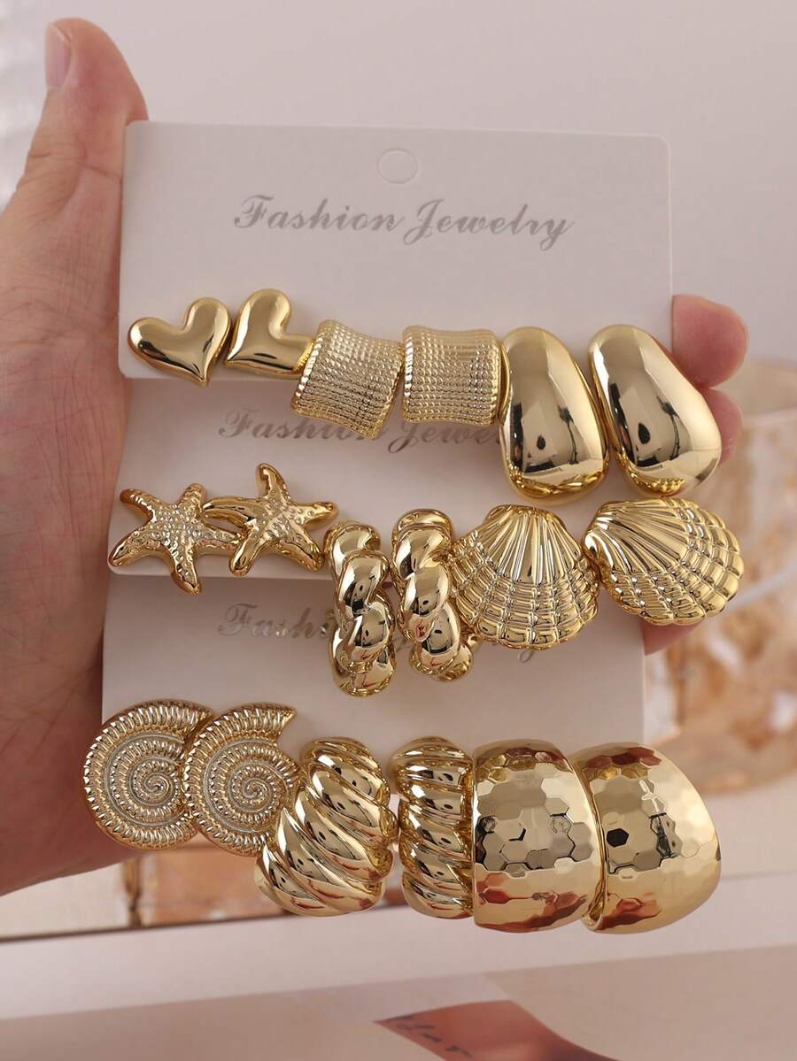 6-18pcs Women's Fashion Gold Shell & Starfish Shaped Earrings - Gold - View 1