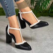 Colorblock Commuter PU Leather Geometric Pattern Women's High Heels, Suitable For Party & All Seasons - Black - View 2