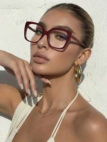 1 Cặp kính nữ gọng vuông màu đỏ rượu vang, kiểu dáng đơn giản cổ điển, phù hợp để đeo hàng ngày. - Màu Đỏ Sâu - Xem 2