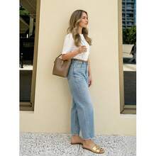 Women's Light Wash Straight Leg Jeans, Button Detail Design, Ankle Length, Creating Modern Look Casual Spring - Light Wash - View 3