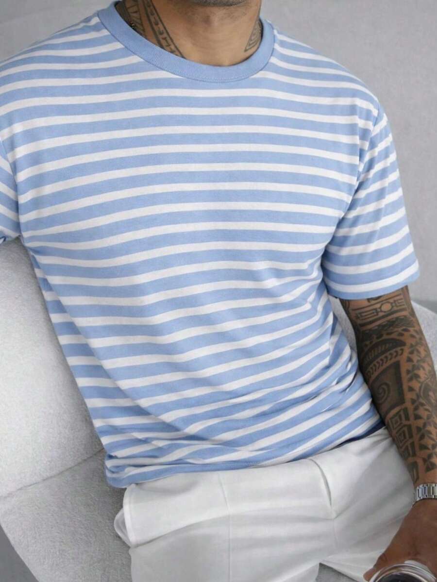 Modern Striped Slim Fit T-Shirt, Style, All Slim Fit. - màu xanh hải quân phối trắng - Xem 1