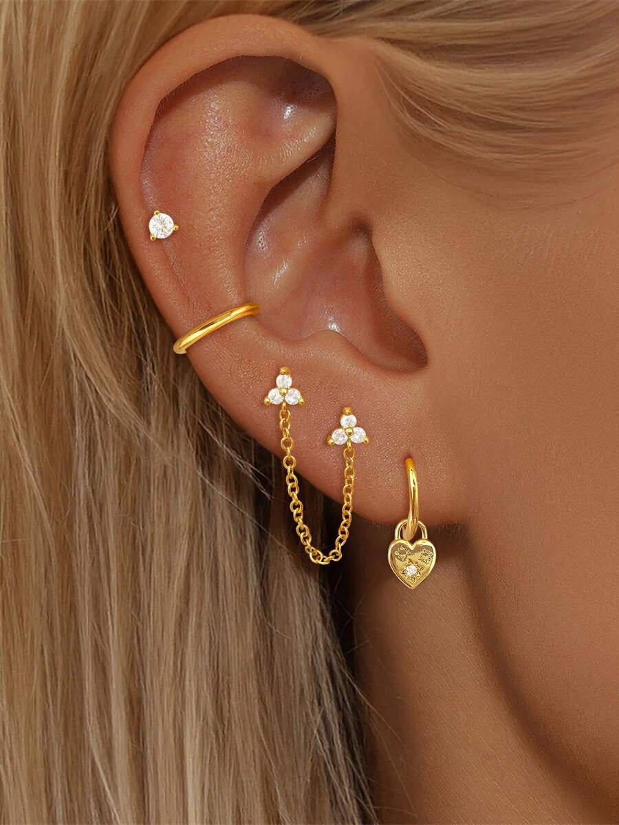 4 piezas Conjunto de aretes colgantes con forma de corazón para mujer, chapados en oro con circonita cúbica, conjunto de aretes con doble pendiente y cadena, accesorios de joyería para boda y fiesta - 4 piezas/juego - Ver 1