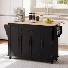 Mobile Kitchen Island 120*45cm, Kitchen Trolley, Worktop Extendable Up To 70cm, Concealed Cutlery Drawer, Adjustable Shelves, Spice Rack And Towel Rail, Suitable For The Kitchen, Dining Room Or Living Room - 黑色+自然木色 - 查看 4