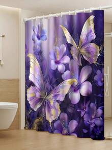 Bộ 1/4 - Bộ rèm tắm hình bướm tím, rèm tắm chống thấm nước họa tiết hoa bướm vàng lá phong cách trang trại hiện đại, kèm 12 móc treo, thảm chống trượt phòng tắm, thảm chữ U cho bồn cầu, tấm phủ nắp bồn cầu, quà tặng gia đình. - A - Xem 9