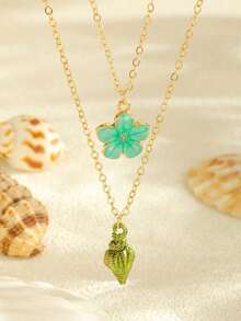 2件套可爱精致合金五叶花海螺吊坠项链夏季风假风海洋系列饰品 - 彩色 - 查看 9