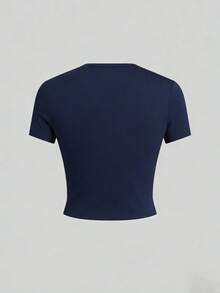 夏季新款时尚百搭休闲贝壳海星沙滩印花圆领短袖T恤，女士度假款 - 藏蓝色 - 查看 5