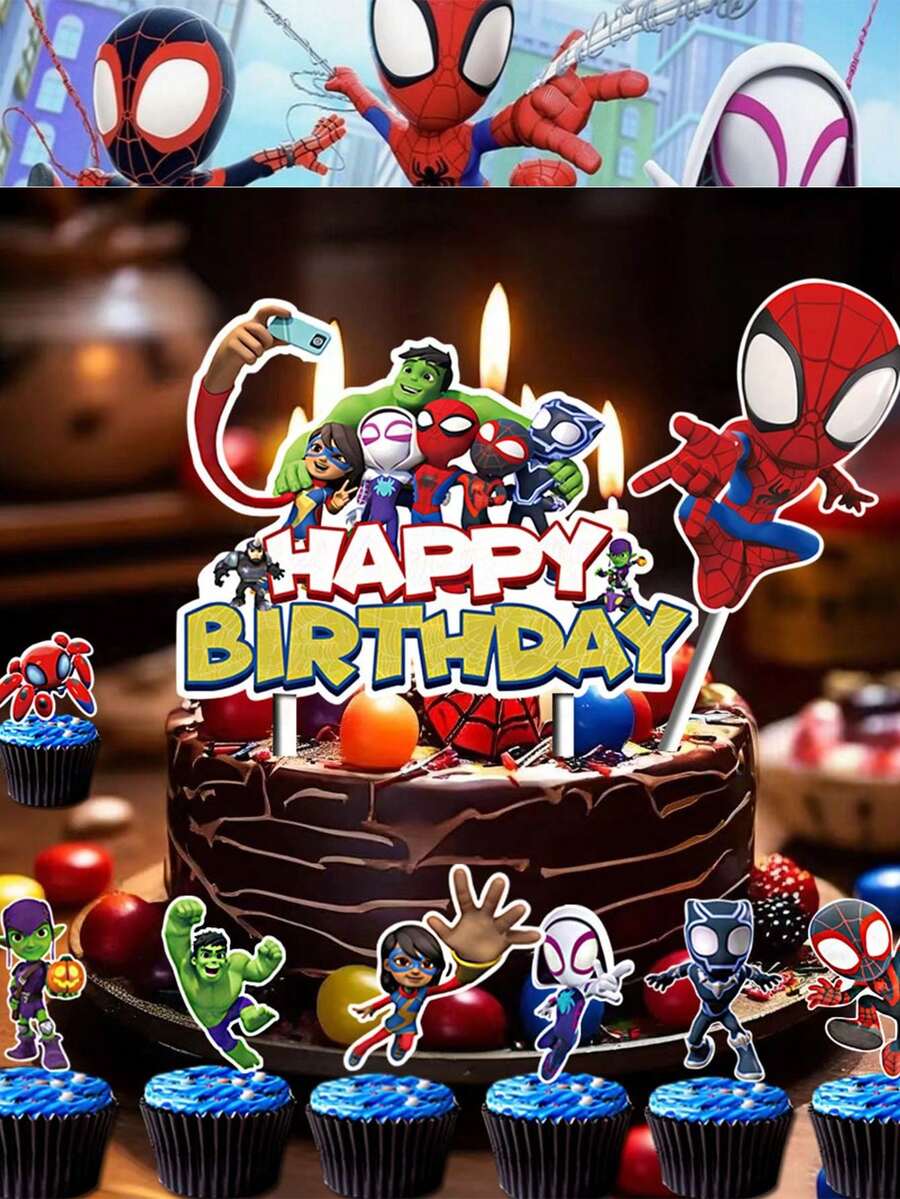 Bộ 13 món phụ kiện trang trí bánh kem hình Người Nhện Marvel, dùng cho tiệc sinh nhật, biển hiệu trang trí bánh sinh nhật cho bàn tráng miệng, phụ kiện chụp ảnh kỷ niệm khi làm bánh. - Hình trang trí bánh hình con nhện - Xem 1