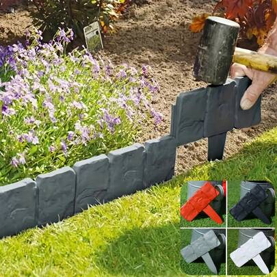 2件装灰色仿石纹塑料花园边缘围栏，花坛框架，花园庭院装饰围栏