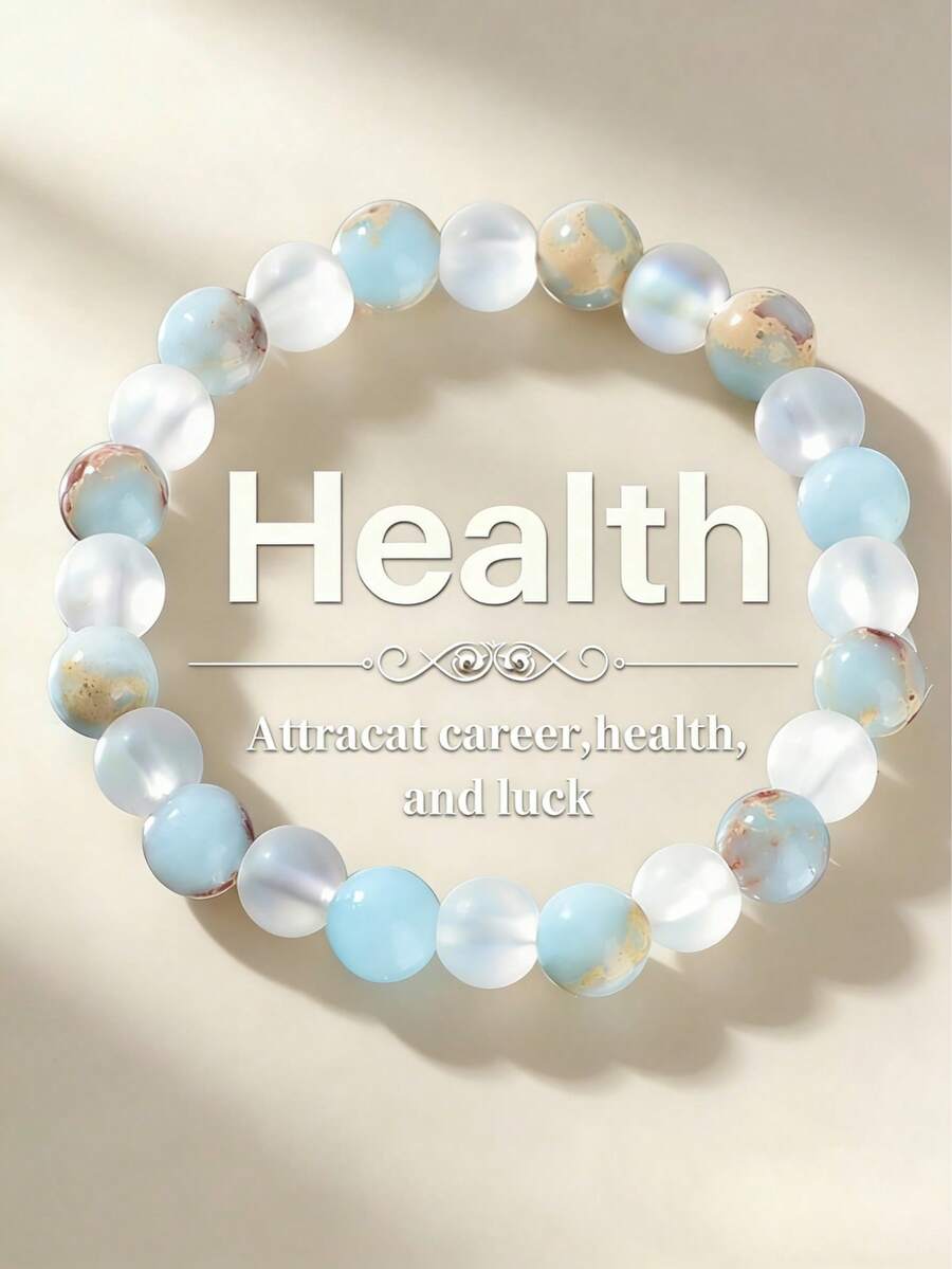 1 件复古波西米亚风格 8 毫米天然寿山石珠手链，寓意健康与好运弹性手镯，适合女士，适合日常和度假珠宝配饰