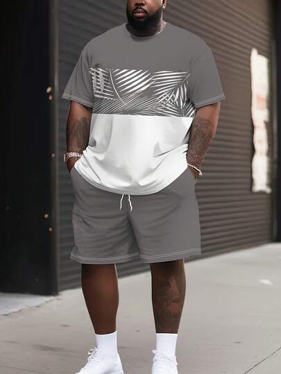 Plus Size Men's Printed Short Sleeve T-Shirt + Shorts Set, Casual Sports Breathable Outdoor Spring/Summer Fashion 2-Piece Set
